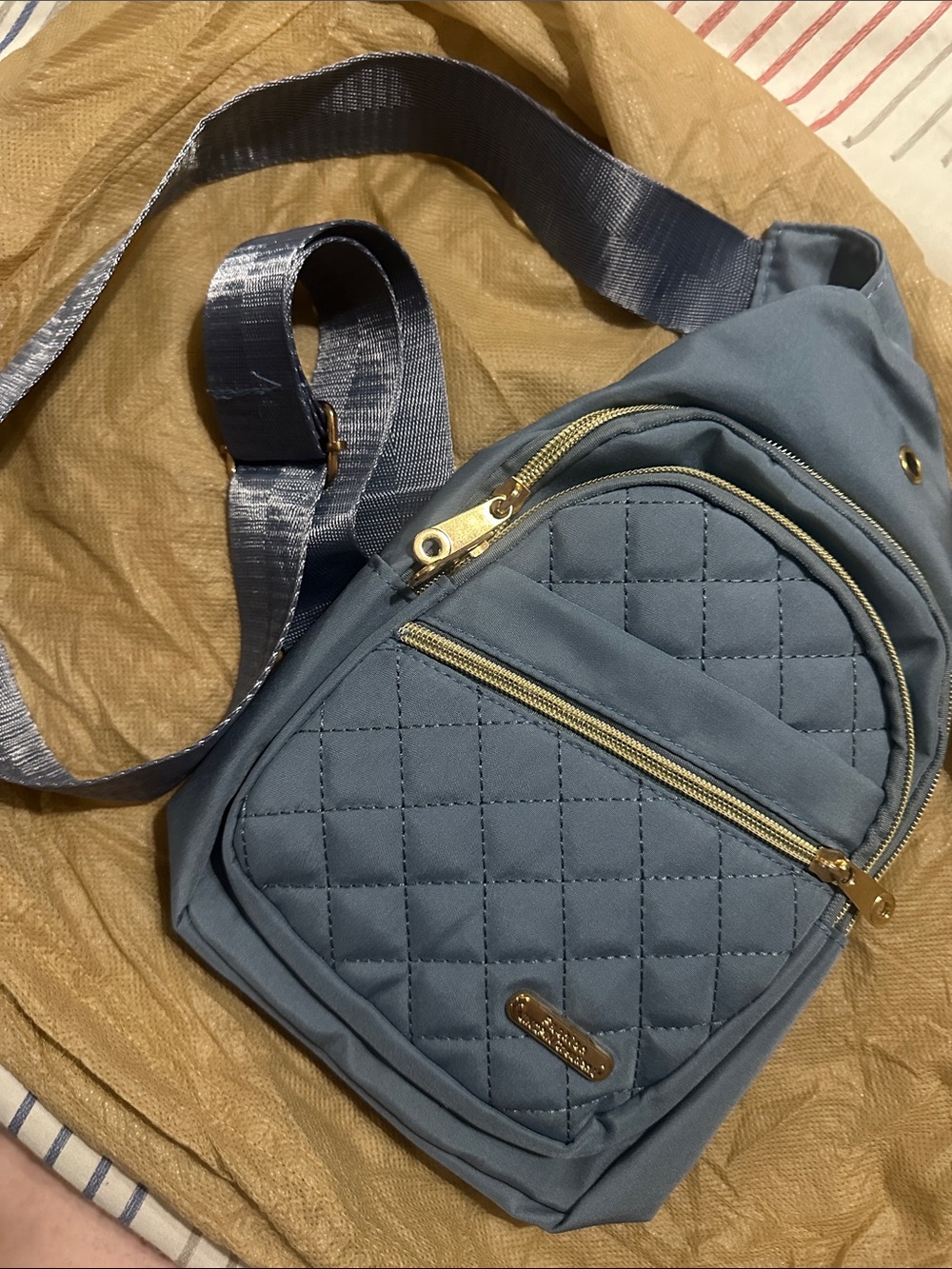 Quilted Blue Crossbody Sling Bag with Gold Hardware